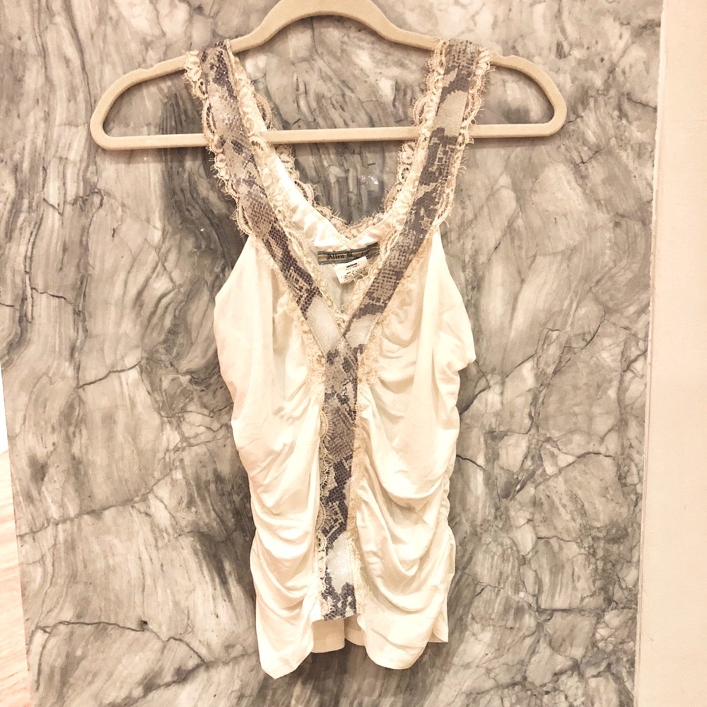 Cream ruched top w/ leather snake skin & lace